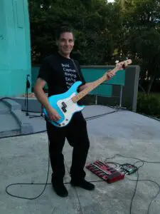 Rob Wolanski on the electric bass for the HPO's concert at Seven Sundays in Gage Park.